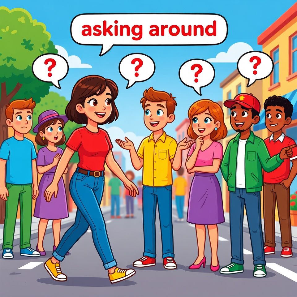 Cartoon representing the phrasal verb asking around